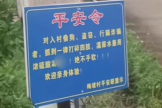 廣東村民為阻嚇偷竊者 豎「打碎四肢、灌屎水、濃硫酸淋下體」牌惹議